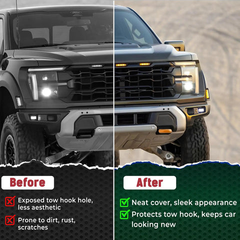 Before and after of Ford F-150 front end showing benefit of Tow Hook Cover Kit For Ford F150 And Bronco Models 2004-2026 With Tremor Orange Silicone Rubber Upgrade For Beefed Up Front End Styling And Quick Easy Install.