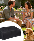 All Season Outdoor Bench Cover For 2 Seats Weatherproof Patio Furniture Protector Dustproof Waterproof Shield For Lawn Porch Yard Keeps Rocking Chair Safe From Snow Sun Rain And Moisture with couple on bench and dog in garden