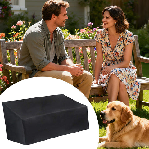 All Season Outdoor Bench Cover For 2 Seats Weatherproof Patio Furniture Protector Dustproof Waterproof Shield For Lawn Porch Yard Keeps Rocking Chair Safe From Snow Sun Rain And Moisture with couple on bench and dog in garden