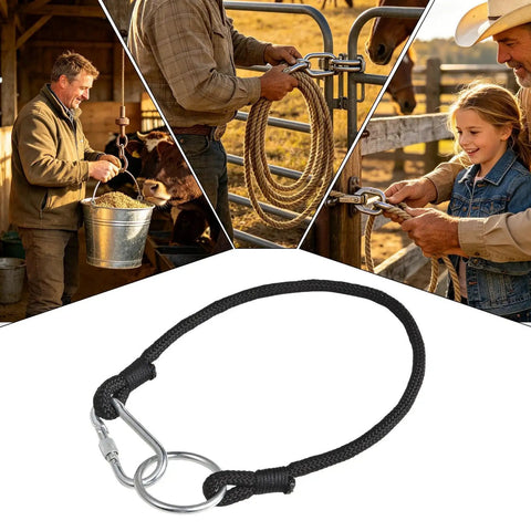 Ranch Tough Horse Stall Gate Latch With Twist Lock And Secure Barn Door Fastener Designed For Pasture Gates and Livestock Enclosures that secures with a steel and cord design.