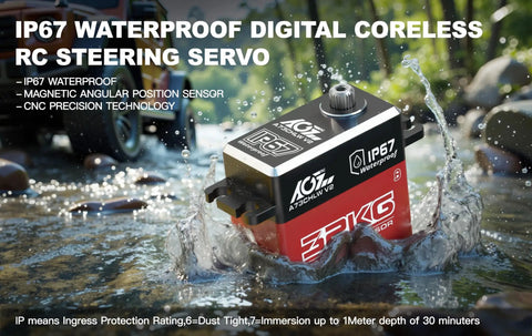 Beefy 32 Kg Cm Waterproof RC Steering Servo with full metal gear shown in water, highlighting durability and IP67 waterproof feature.