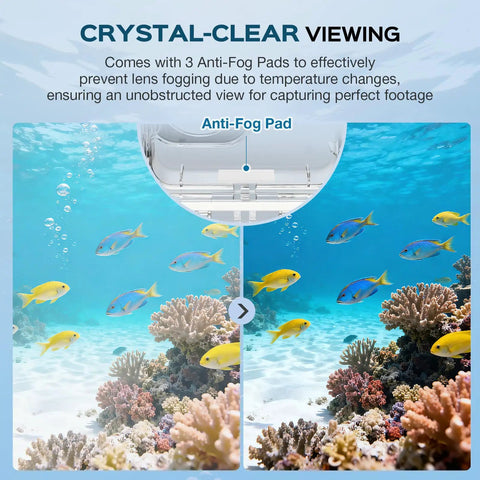IPX8 Waterproof Dive Case For DJI Osmo Action 6 with crystal clear window showing anti-fog pad effect on underwater visibility and reef