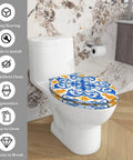 Toilet Seat Elongated Resin for Bathroom with blue and yellow floral design on white ceramic toilet in modern bath setting.