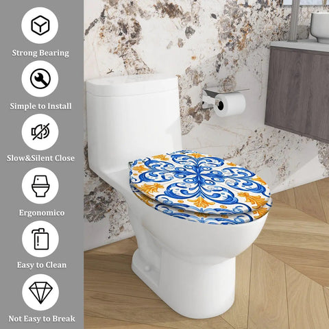 Toilet Seat Elongated Resin for Bathroom with blue and yellow floral design on white ceramic toilet in modern bath setting.