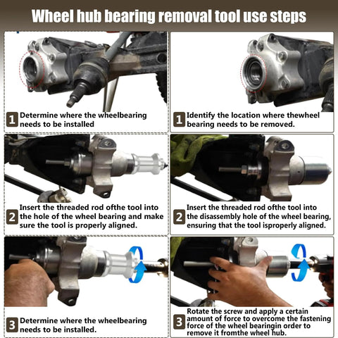 ATV/UTV wheel bearing removal tool, black; six-panel step-by-step infographic for 40/44 mm bearings