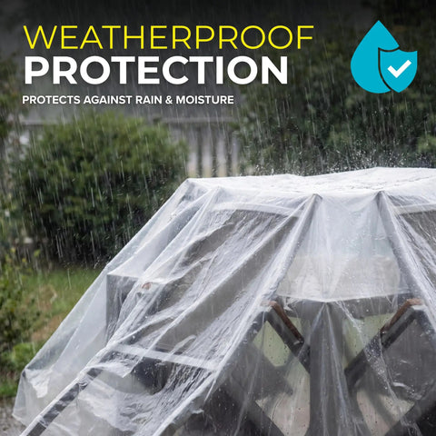 Heavy Duty 6 Mil Plastic Sheeting With UV Protection For Construction Painting And Home Improvement Projects Worksite Ready 10 Ft By 25 Ft Polyethylene Film Rugged Greenhouse Plastic Sheeting covering outdoor furniture in rain