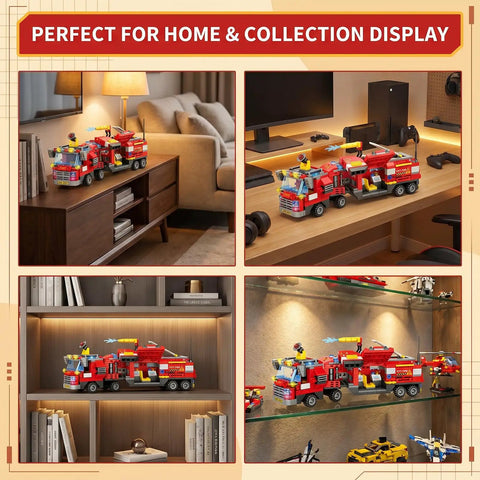 8 In 1 Fire Rescue Building Set Kit With Fire Station Large Fire Engine Fire Boat Rescue Helicopter Fire Plane And Emergency Vehicle Buildable Models For Grown Ups Collectible Construction Gift, ABS plastic display set on shelves