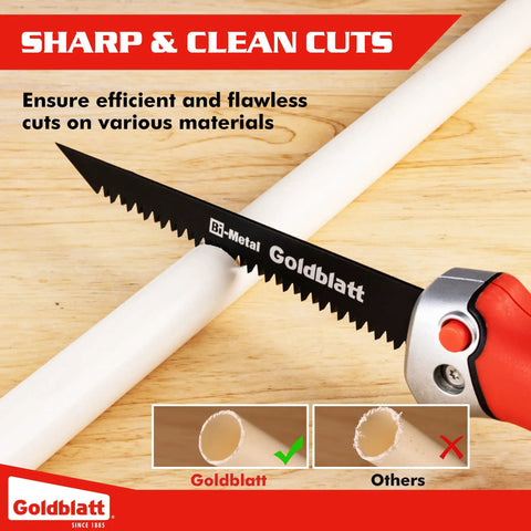 Folding Drywall Saw With Soft Grip Handle Jab Saw for Sheetrock, cutting through PVC pipe with triple ground teeth.