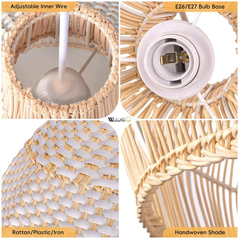 Rattan Chandelier 1 Light Boho Coastal Wicker Handwoven Pendant Light with close-up of adjustable wire, E26 bulb base, and weave details.