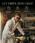Person wearing Disposable Hazmat Coveralls With Hood Full Body Protective Overalls 5 Pack White 2X Large for extreme work.