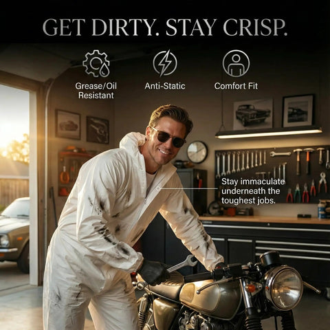 Person wearing Disposable Hazmat Coveralls With Hood Full Body Protective Overalls 5 Pack White 2X Large for extreme work.