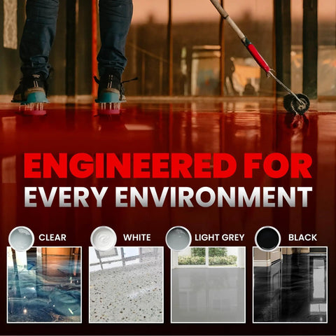 Man applying Self Leveling Epoxy Resin Kit For Garage Floors And Countertops, Seamless And Durable, Light Grey Finish