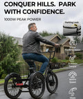 Electric Trike With Peak 1000W Power For Hills And City, 20 Inch Folding Three Wheel E Tricycle For Adults, Step Through Frame, 624Wh Removable Battery, Large Basket, Classic Black, side view