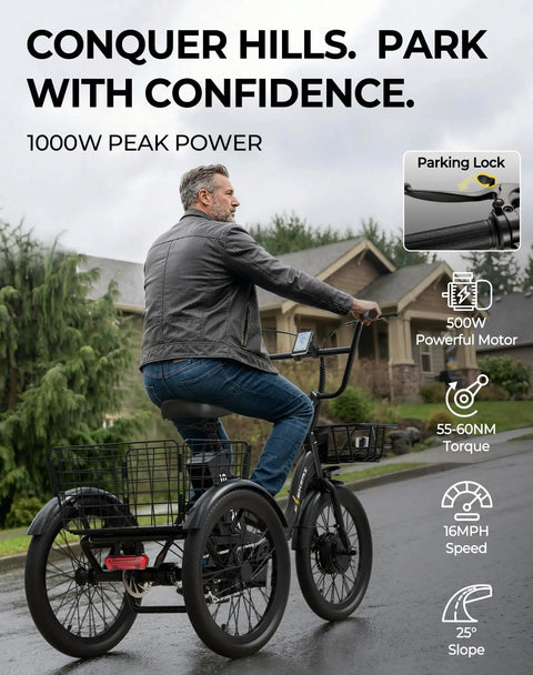 Electric Trike With Peak 1000W Power For Hills And City, 20 Inch Folding Three Wheel E Tricycle For Adults, Step Through Frame, 624Wh Removable Battery, Large Basket, Classic Black, side view