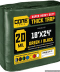 Package of Beefed Up Extreme Heavy Duty 20 Mil Poly Tarpaulin Tarp 18x24 ft Green Black with label details visible