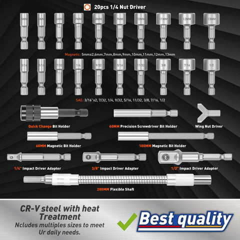 Components of 258 Piece Ultimate Screwdriver Bit Set With Chrome Vanadium Bits Security Bits Nut Drivers Extensions And Bit Holder Includes Case For Home DIY And Professional Use