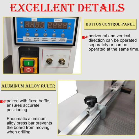 Pneumatic Hole Drilling Machine for Woodworking, control panel, aluminum alloy ruler with drill precision features.