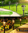 Eight Pack Solar Pathway Lights Outdoor IP65 Waterproof Auto On Off Garden Landscape Lighting with day and night view.
