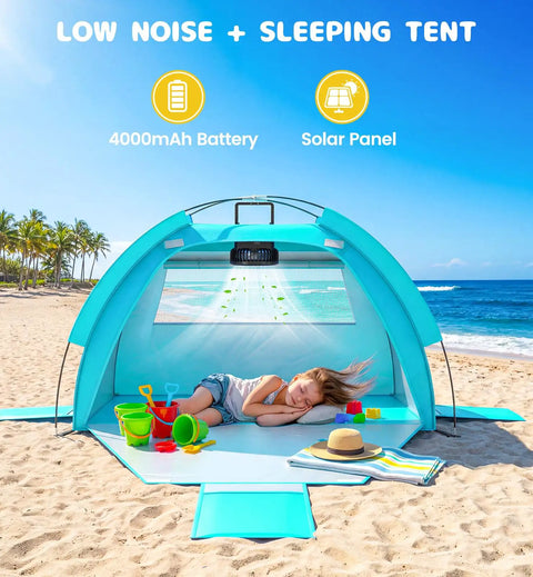 All In One Baby Beach Tent With Solar Powered Cooling Fan UPF 50 UV Protection Portable Sun Shade Canopy Shelter For Infants And Toddlers