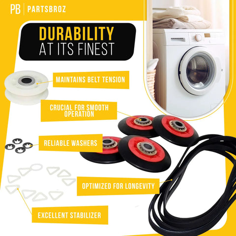 Dryer Repair Kit 4392067 For Whirlpool Duet Front Load Dryers with belt and roller drum components displayed.