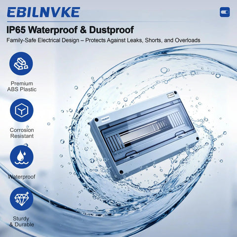 Rugged 18 Way Circuit Breaker Box With IP65 Waterproof Rating features clear window in a water splash for easy checks.