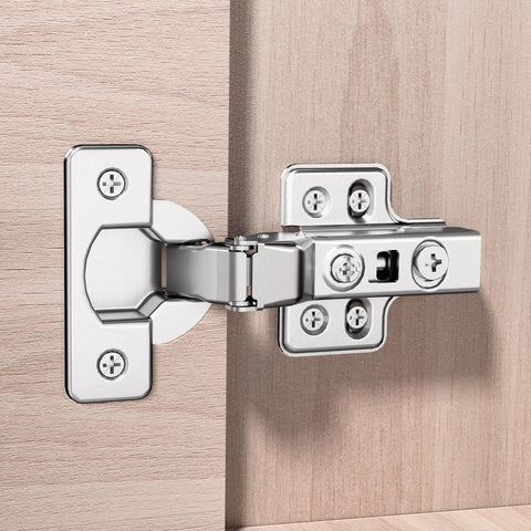 Half Overlay Soft Close Cabinet Hinges For Frameless Cabinets, Concealed European Style With Four-Hole Mounting Plate installed