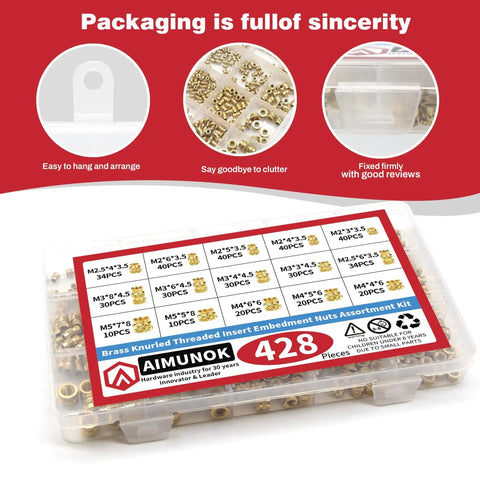 Packaging of Brass Threaded Inserts Kit For 3D Printing Plastic And Metal With Heat Set Knurled Nuts M2 M2.5 M3 M4 M5