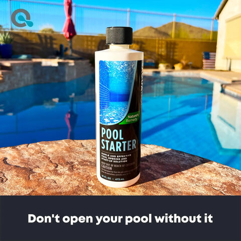 Easy Breezy Pool Opening Kit With 16oz Enzyme Opener For Up To 15,000 Gallons bottle by a pool, sunny day