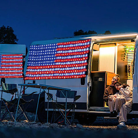 Patriotic American Flag LED Net Lights For Outdoor Decor, 420 LED Waterproof String Lights For Yard And Garden on camper van