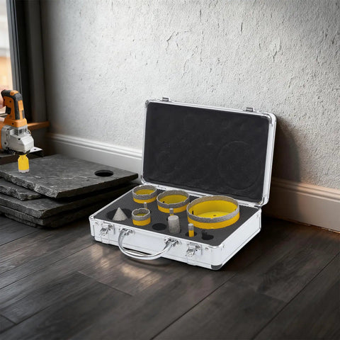 Solid 10-Piece Diamond Hole Saw Kit With Multi-Size Drill Bits For Shattering Glass Tile And Marble Like A Boss In Any Home Reno Job in case with drill