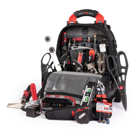 HVAC Pro Kit 32 Piece Service Installation And Fabrication Set With VETO Tech Pac Backpack front view with tools displayed