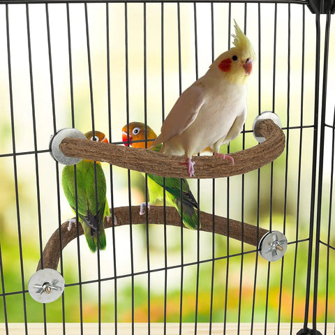 Natural Wood U Shaped Bird Perches For House Cage 2 Pack with parakeets and cockatiels on sturdy wooden perches.