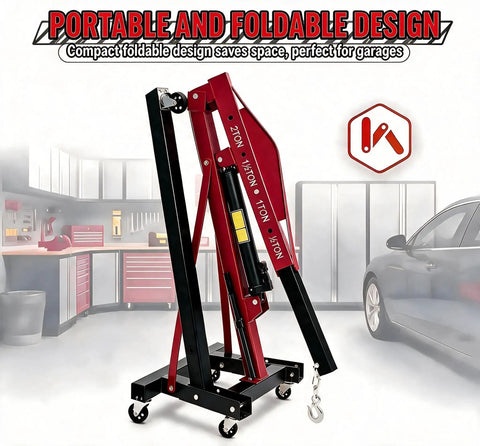 Top Shelf 2 Ton Hydraulic Engine Hoist Foldable Cherry Picker with quad telescopic boom, compact design for garage use.