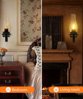 Cozy Farmhouse Style Wall Sconces Set Of Two LED Bulb Included Amber Glass Black Metal Wall Mounted Light Fixture in bedroom and living room