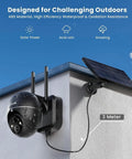 Solar Powered Wireless Outdoor Security Camera System With 360 Degree PTZ, mounted on a corner with a solar panel, 5MP Color Night Vision.