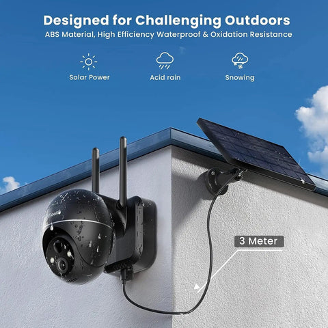 Solar Powered Wireless Outdoor Security Camera System With 360 Degree PTZ, mounted on a corner with a solar panel, 5MP Color Night Vision.