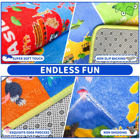 Interactive World Map Kids Rug for Playroom and Classroom 110 By 78.7 Inches Educational Geography Carpet closeup details