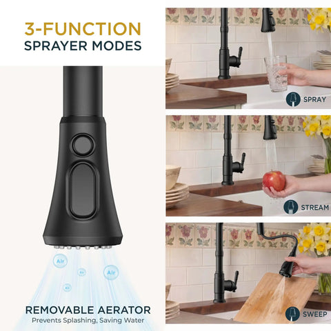 FORIOUS Vintage Kitchen Sink Faucet with Pull Down Sprayer, Matte Black showcasing 3-function sprayer modes in kitchen.