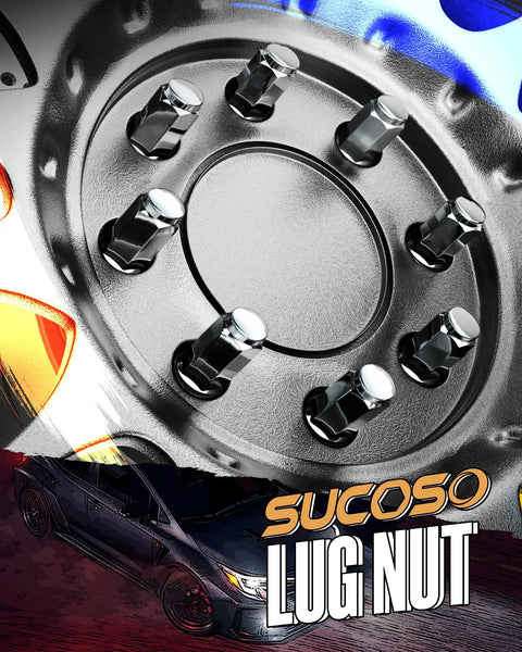 Close-up of 32-Piece M14x1.5 Lug Nut Kit With 19mm Hex Conical Seat For Aftermarket Wheels on a vehicle rim.