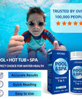 7 In 1 Pool Test Strips 150 Count Hot Tub And Spa Water Tester with boy underwater giving a thumbs up.