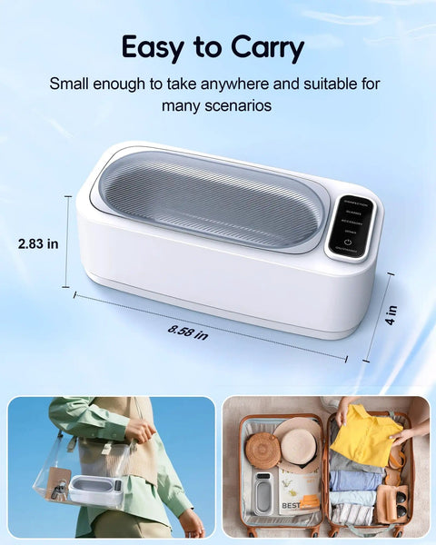 Compact 48KHz Ultrasonic Jewelry Cleaner Machine with four cleaning modes for eyeglasses, jewelry, in a carry-on bag scenario.