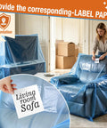 Blue Clear Plastic Chair Cover For Large Sofa And Couch Storage And Transport, Waterproof And Dustproof, Includes Label Windows For Easy Identification, Open Bag Size 65x42x34 Inches with label paper.