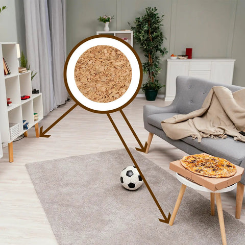 Top Shelf Bulk Pack 2000 Self Adhesive Cork Bumper Pads for Cabinet Doors, showing cork texture in a living room setting.
