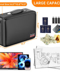Fireproof Document Box With Lock And Hard Shell Organizer For Home Office And Travel, shown storing valuables, passports, electronics.
