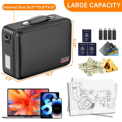 Fireproof Document Box With Lock And Hard Shell Organizer For Home Office And Travel, shown storing valuables, passports, electronics.
