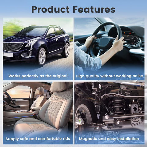Two Front Shock Absorber Struts Assembly With Magnetic Ride Control Fits 2015-2020 Cadillac Escalade ESV Chevy Tahoe Suburban Silverado GMC Sierra 1500 Yukon XL Auto Replacement Premium Ride with product feature highlights like comfort and installation shown in a car collage.