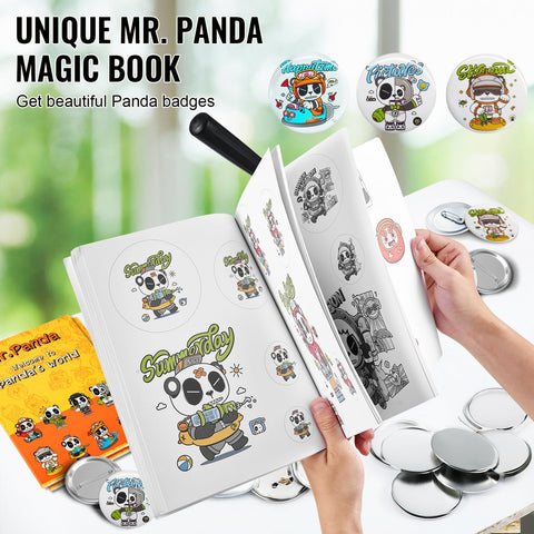 Unique Mr. Panda magic book with badge designs, part of 75mm Button Maker Kit With Punch Press For DIY Badges, Easy Peasy Badge Craft Machine, Kid Friendly Gift Set With Circle Cutter, 500 Button Parts, Iron And Plastic Bottoms, Tin Caps, Blank Papers, Films, Wrenches, Manual.