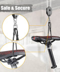 Ceiling Mounted Bike Hoist Rack For Garage Storage, Safe And Easy Lifting With Automatic Locking Brake, shown with bike saddle.