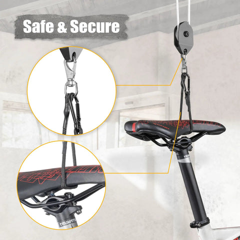 Ceiling Mounted Bike Hoist Rack For Garage Storage, Safe And Easy Lifting With Automatic Locking Brake, shown with bike saddle.
