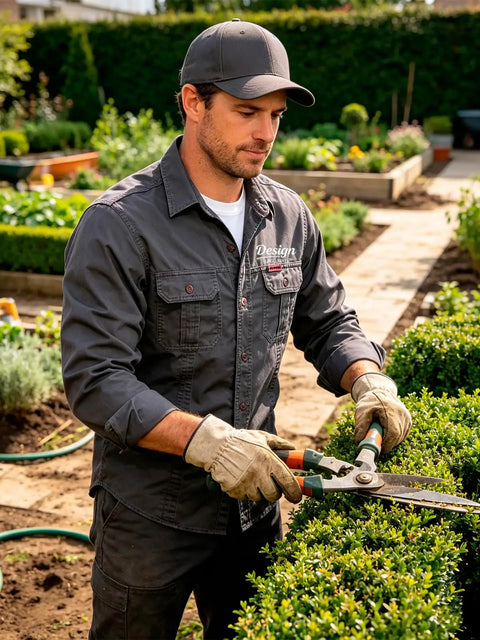 Mens Heavy Duty Mechanic Work Shirt With Custom Crew Logos Heavyweight Cotton Twill Button Up Long Sleeve Trade Ready Uniform worn while trimming hedges.